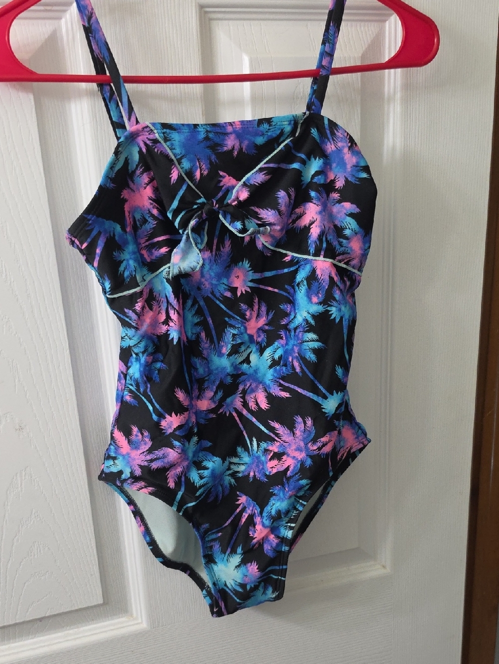 Girls' Black One-Piece Swimsuit with Neon Palm Print